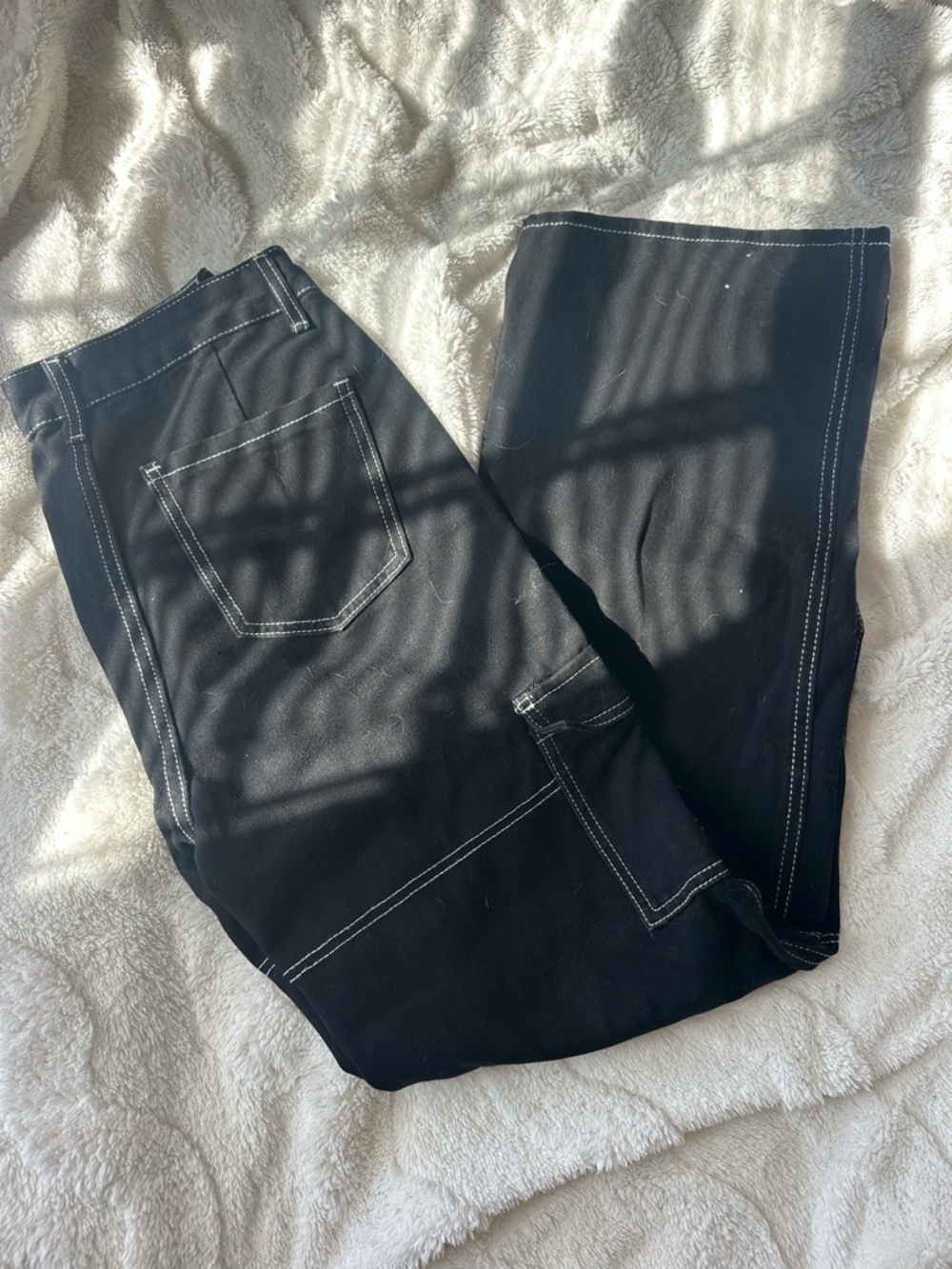Black Tall Wide-Leg Cargo Pants with White Stitching